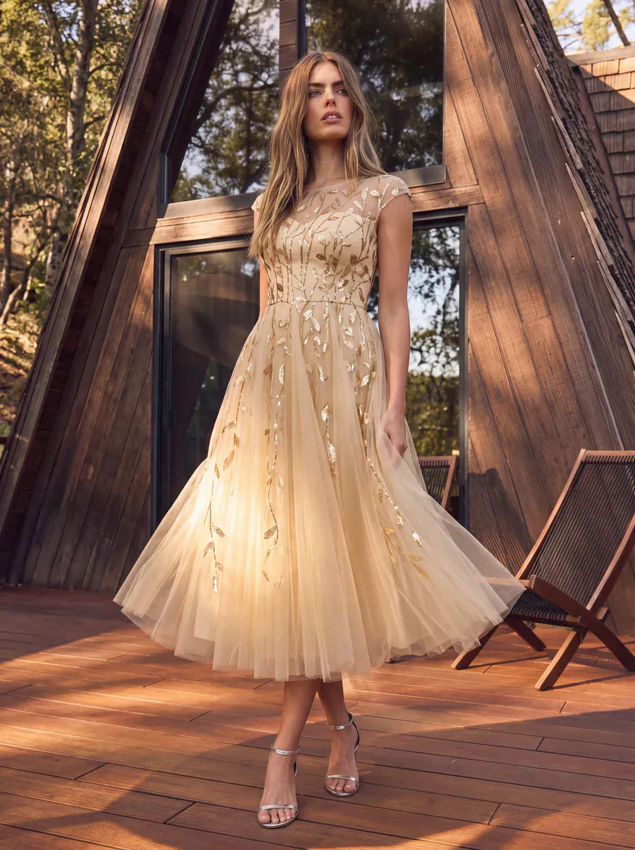 See-through Sequin Cap Sleeve Dress #color_Gold