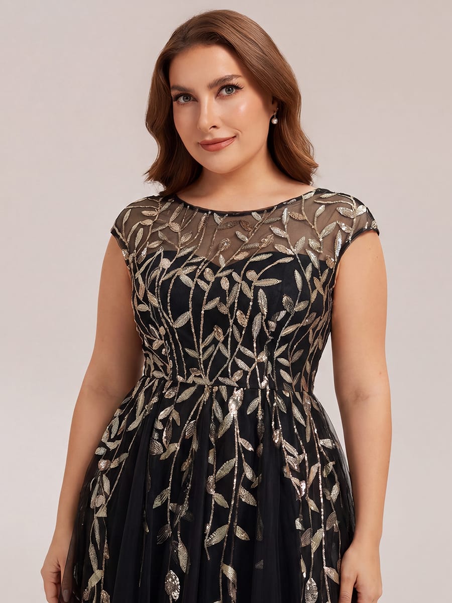See-through Sequin Cap Sleeve Dress #color_Black & Gold