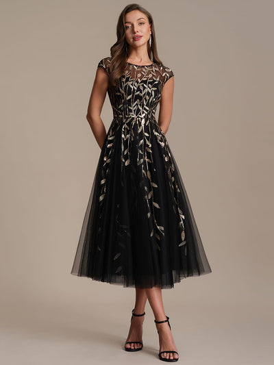 Sequin A-Line Tea Length Dress with Cap Sleeves