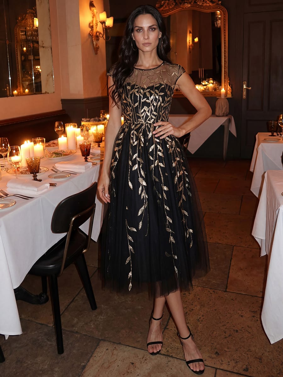 See-through Sequin Cap Sleeve Dress #color_Black & Gold