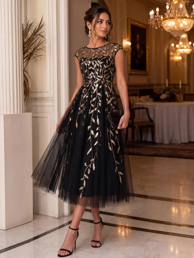 Sequin A-Line Tea Length Dress with Cap Sleeves