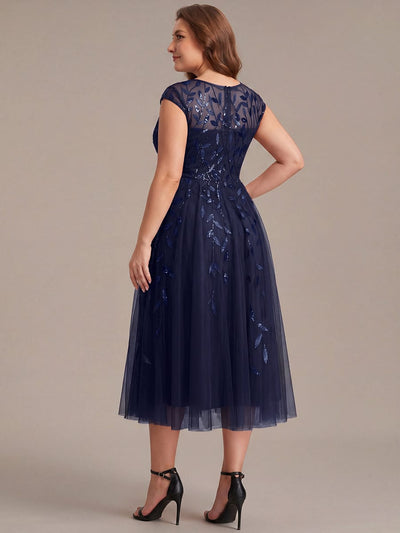Plus Size Sequin A-Line Tea Length Dress with Cap Sleeves