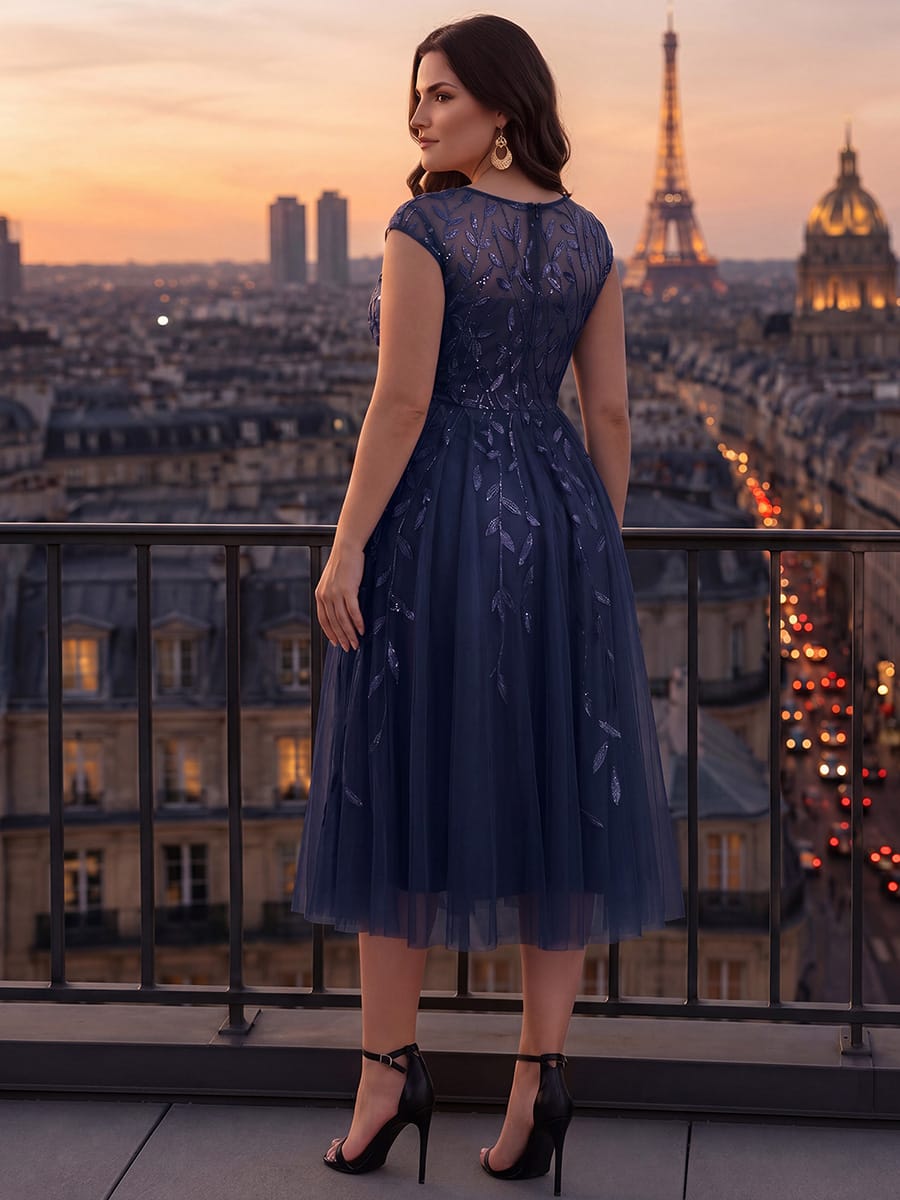 See-through Sequin Cap Sleeve Dress #color_Navy Blue