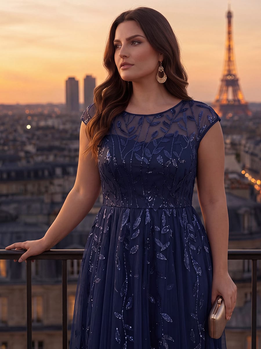 See-through Sequin Cap Sleeve Dress #color_Navy Blue