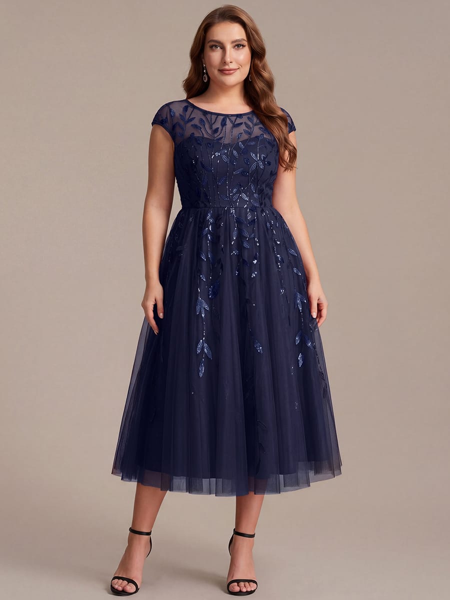 See-through Sequin Cap Sleeve Dress #color_Navy Blue