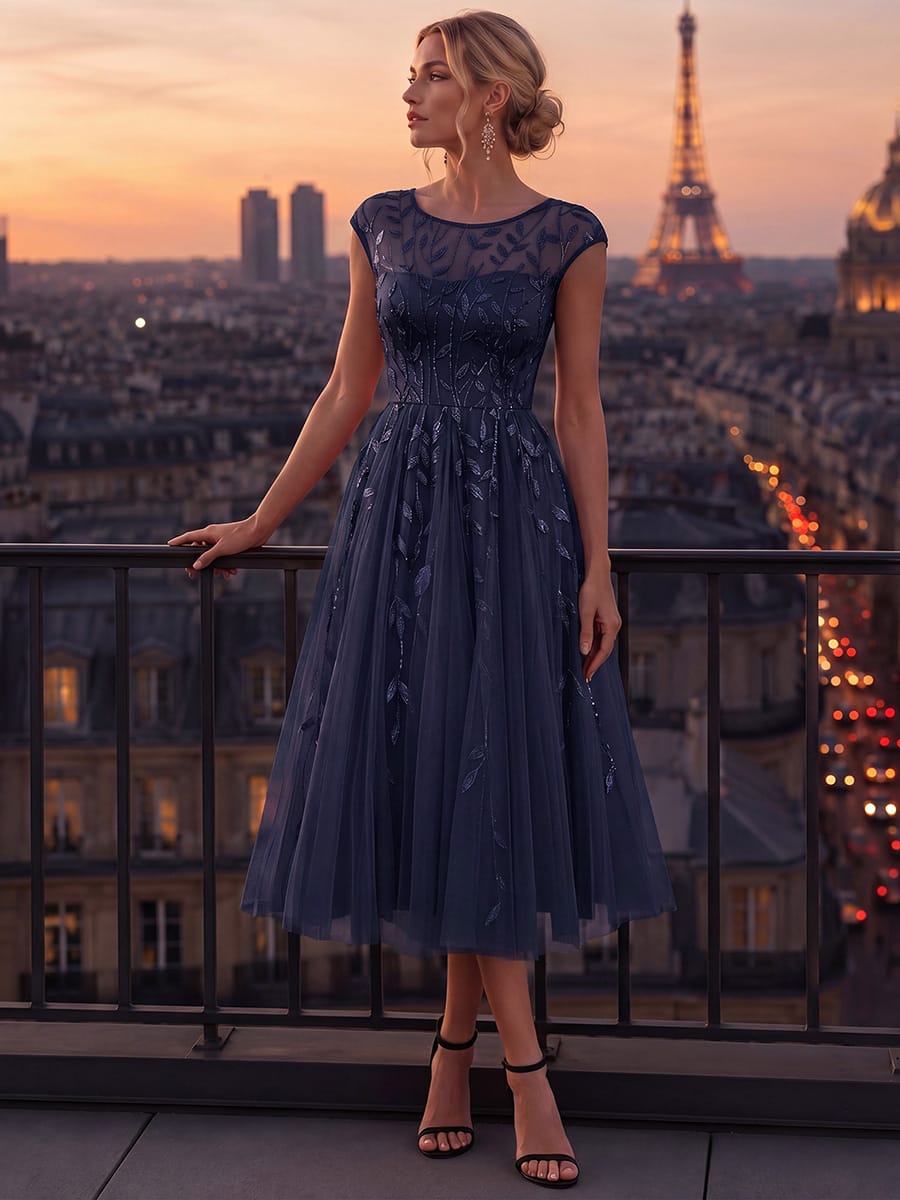 See-through Sequin Cap Sleeve Dress #color_Navy Blue