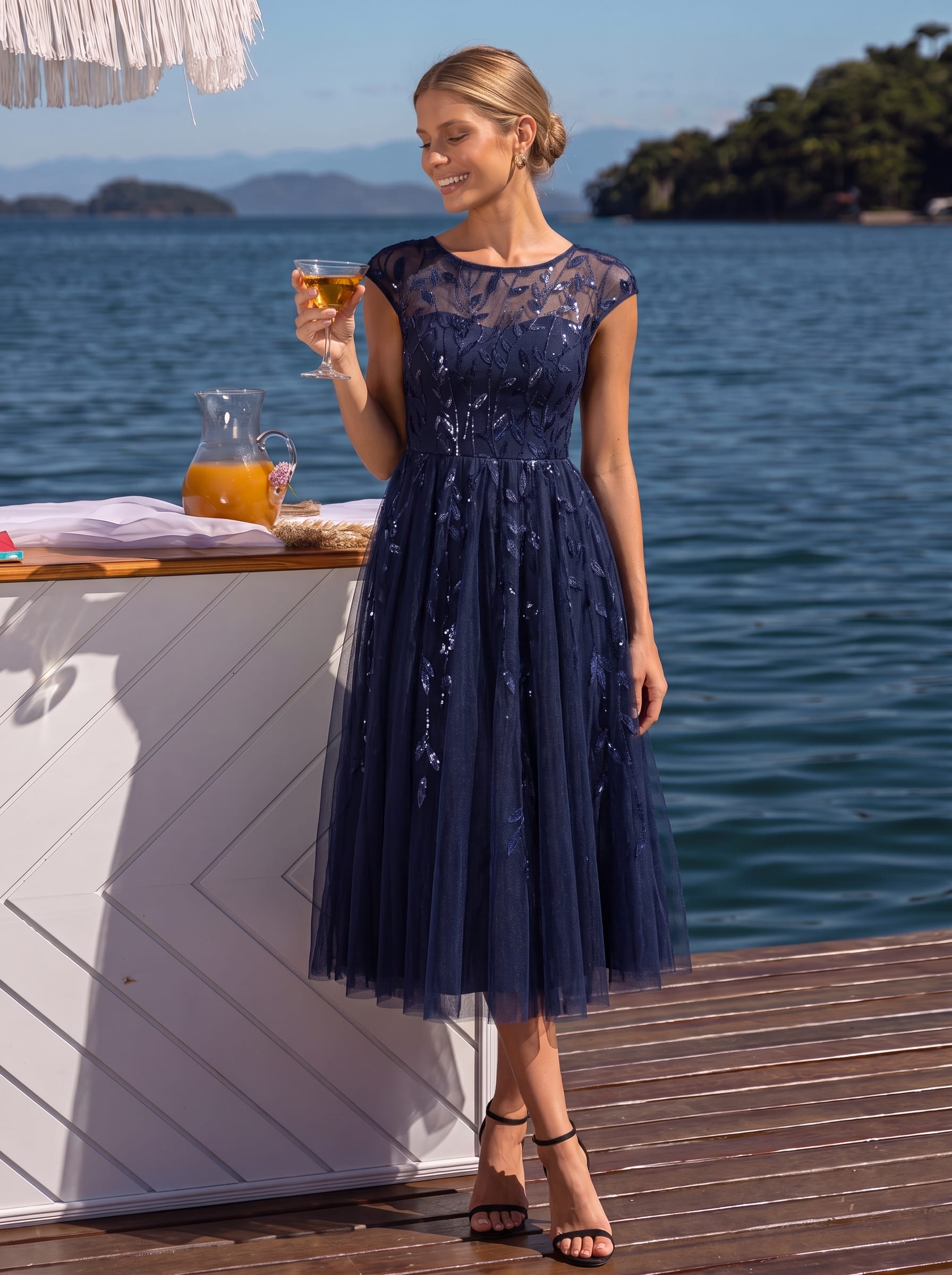 See-through Sequin Cap Sleeve Dress #color_Navy Blue