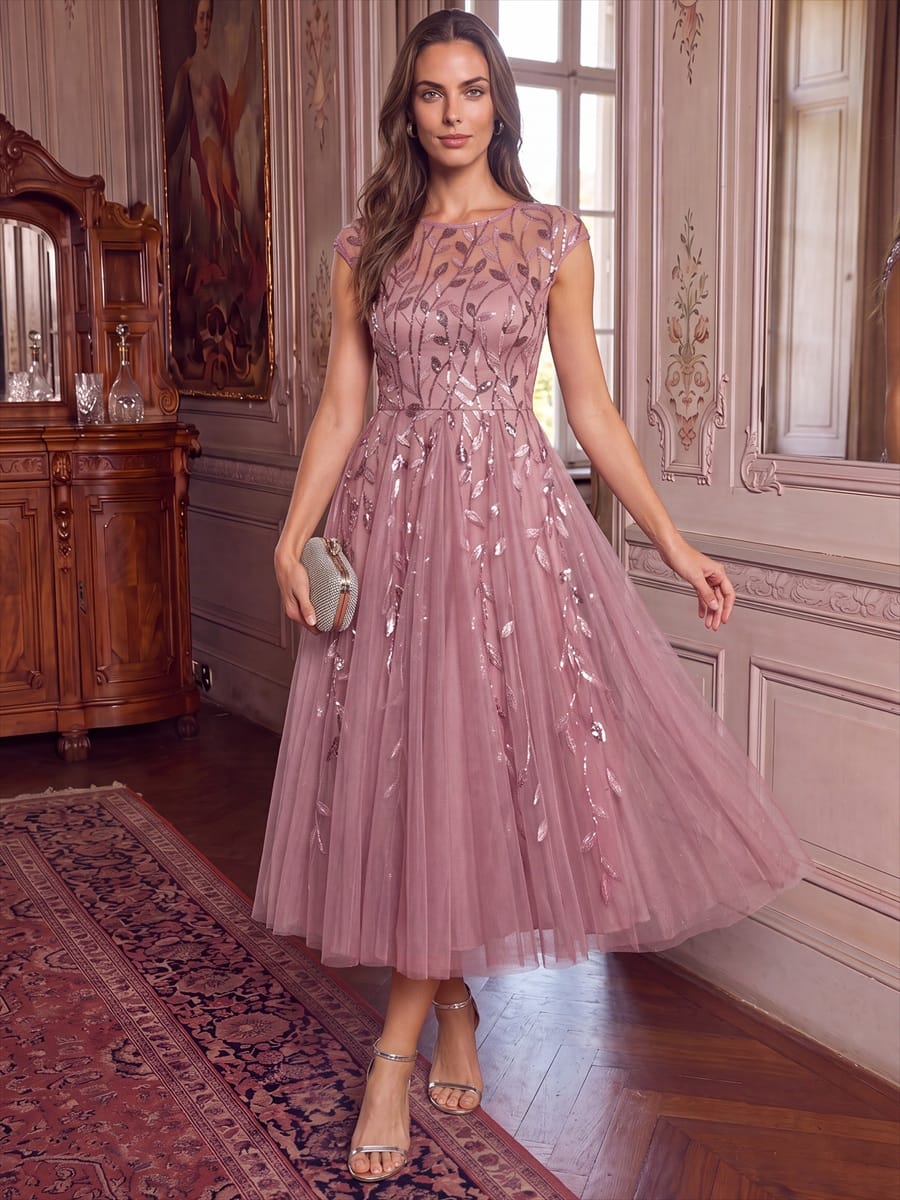 See-through Sequin Cap Sleeve Dress #color_Purple Orchid