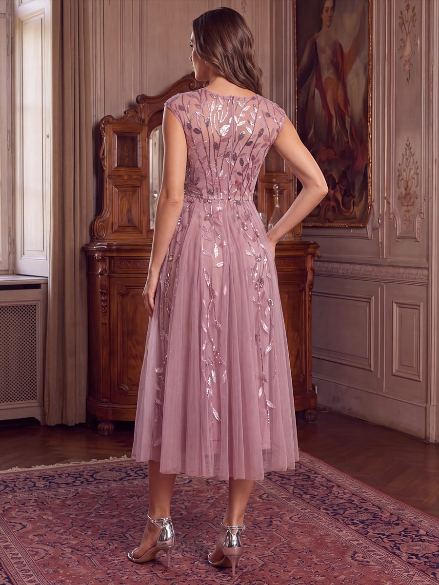 See-through Sequin Cap Sleeve Dress #color_Purple Orchid