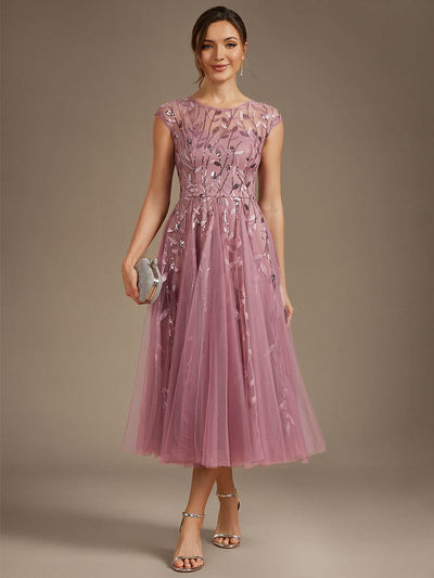 Sequin A-Line Tea Length Wedding Guest Dress with Cap Sleeves