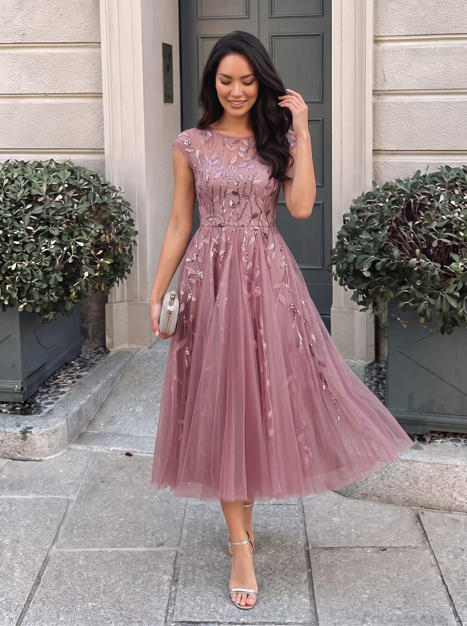See-through Sequin Cap Sleeve Dress #color_Purple Orchid