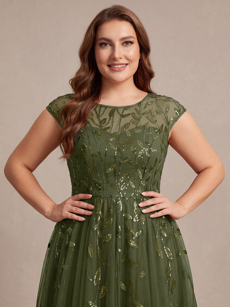 See-through Sequin Cap Sleeve Dress #color_Olive Green