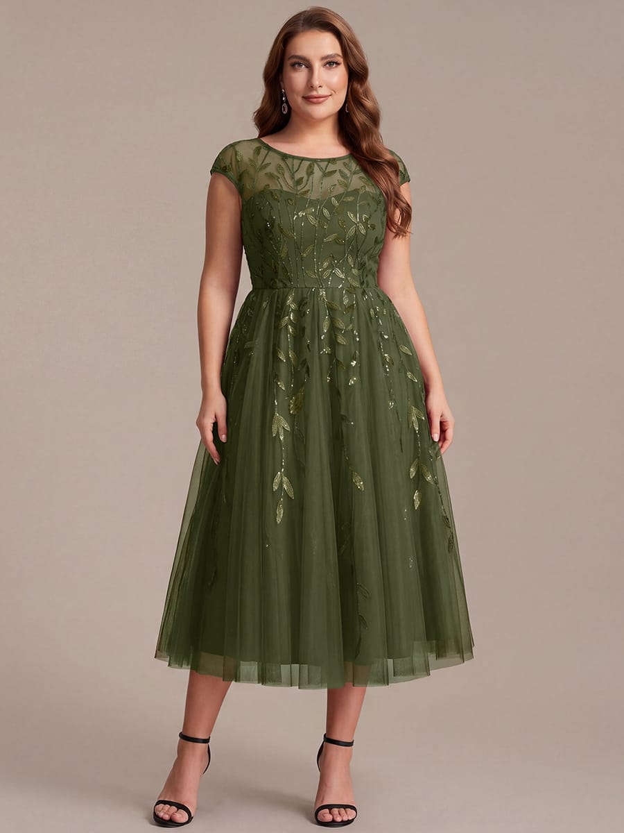 See-through Sequin Cap Sleeve Dress #color_Olive Green