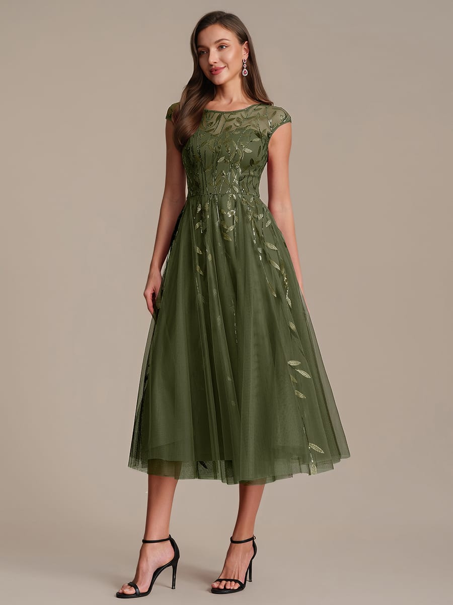See-through Sequin Cap Sleeve Dress #color_Olive Green