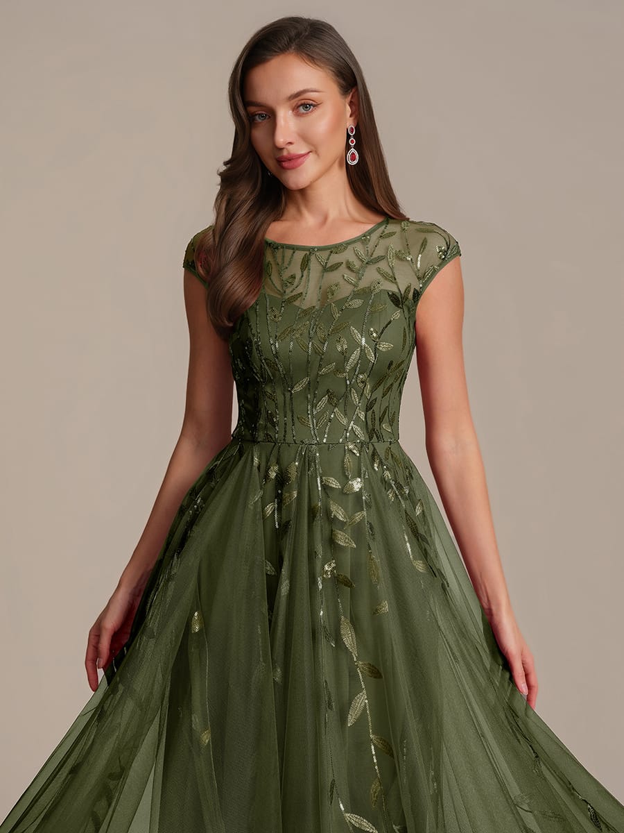 See-through Sequin Cap Sleeve Dress #color_Olive Green