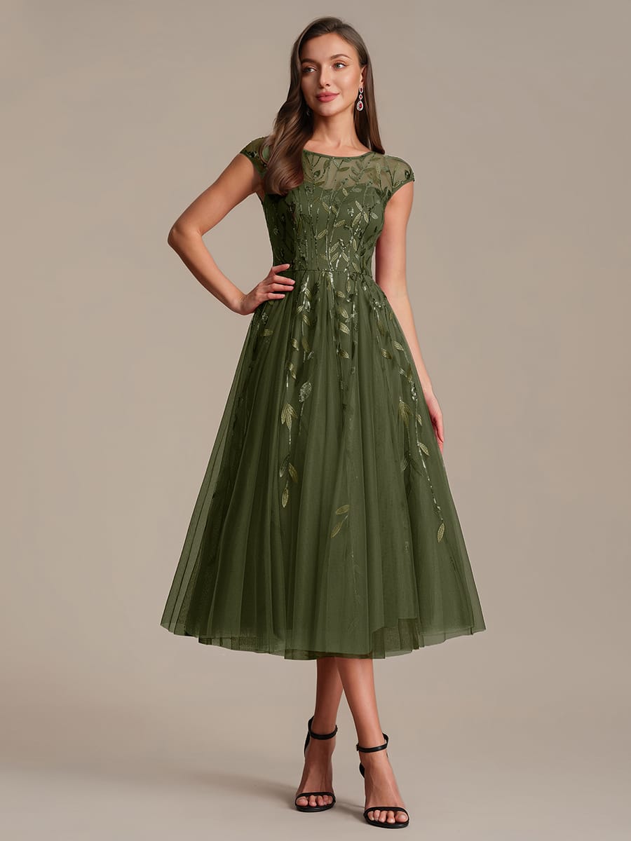 See-through Sequin Cap Sleeve Dress #color_Olive Green