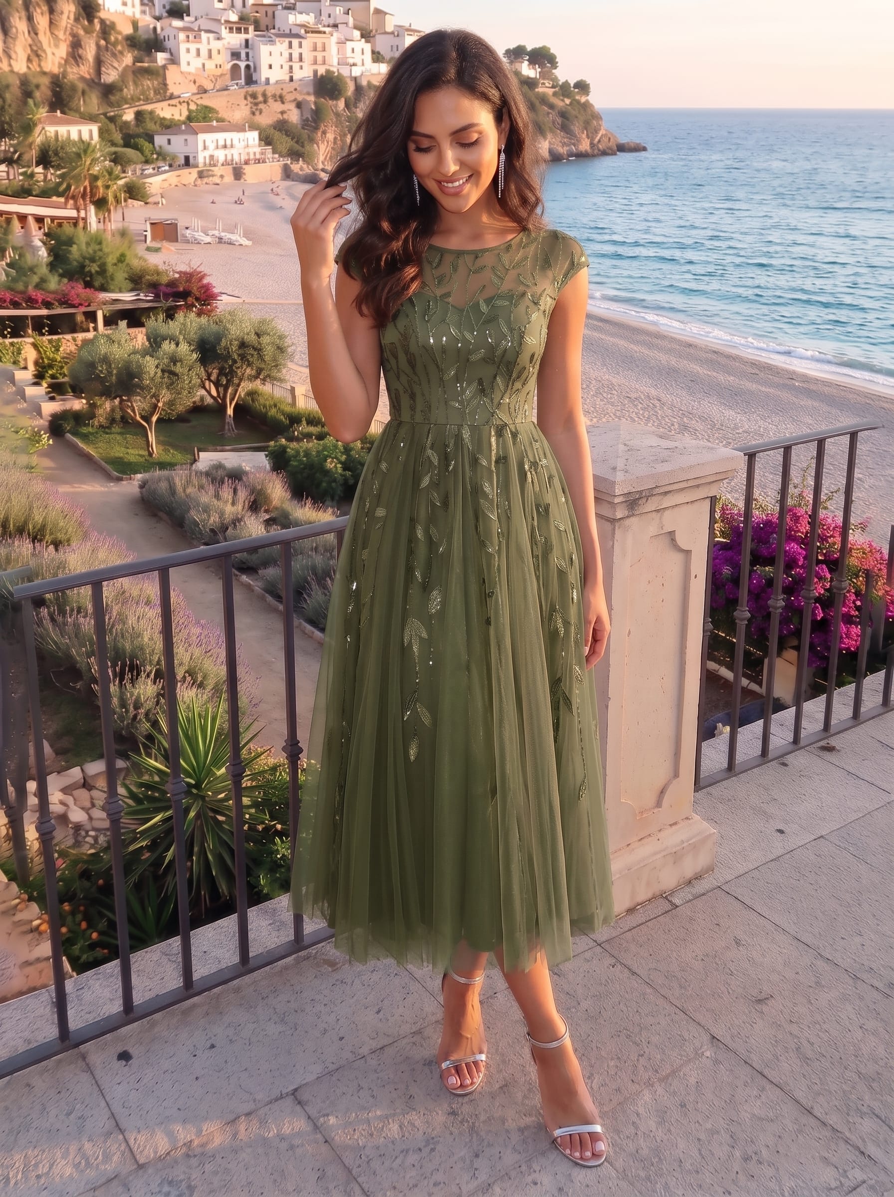 See-through Sequin Cap Sleeve Dress #color_Olive Green