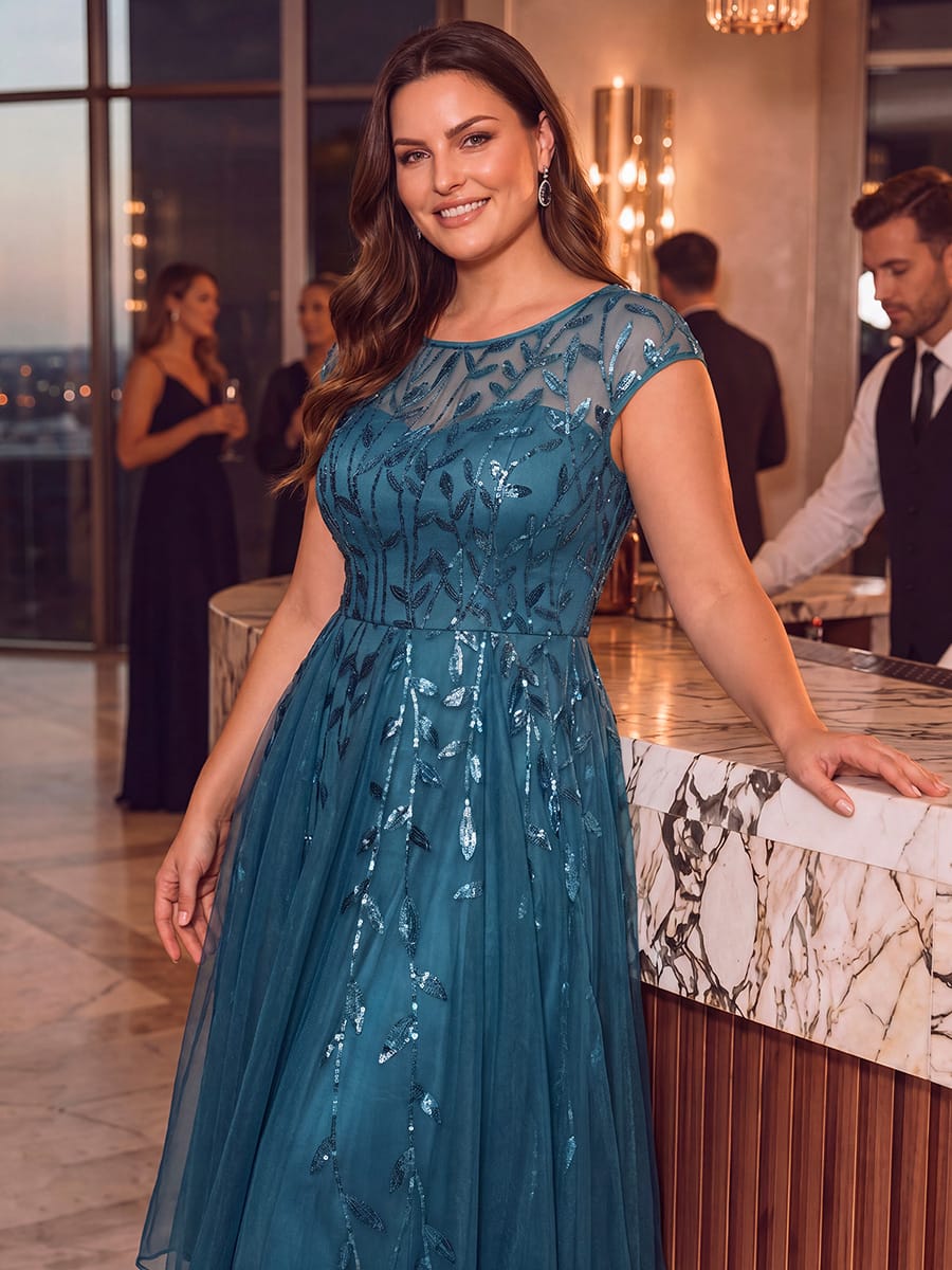 See-through Sequin Cap Sleeve Dress #color_Teal