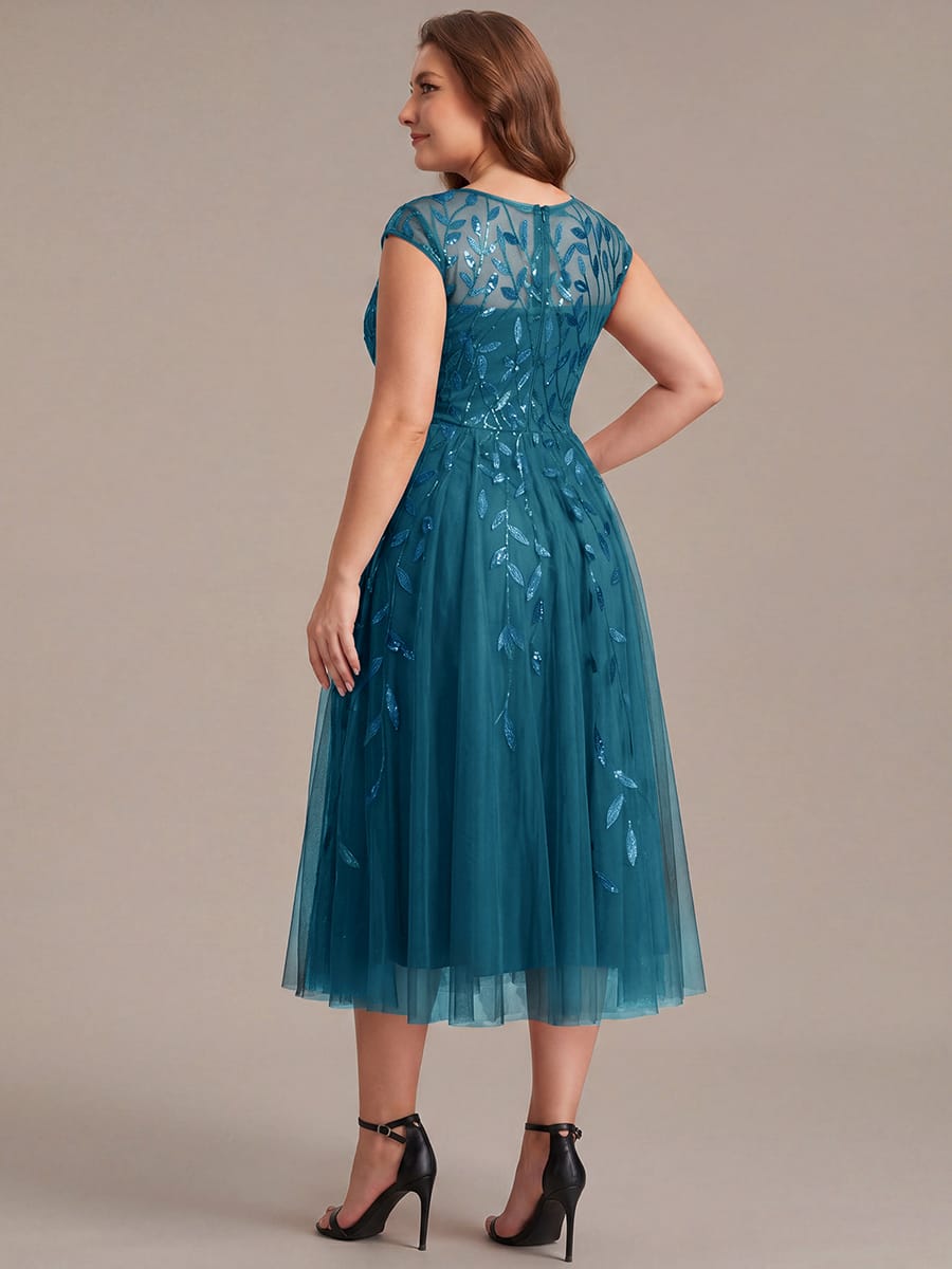 See-through Sequin Cap Sleeve Dress #color_Teal