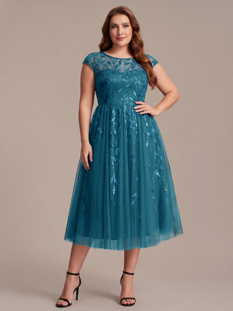 See-through Sequin Cap Sleeve Dress #color_Teal