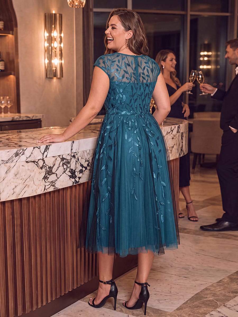 See-through Sequin Cap Sleeve Dress #color_Teal