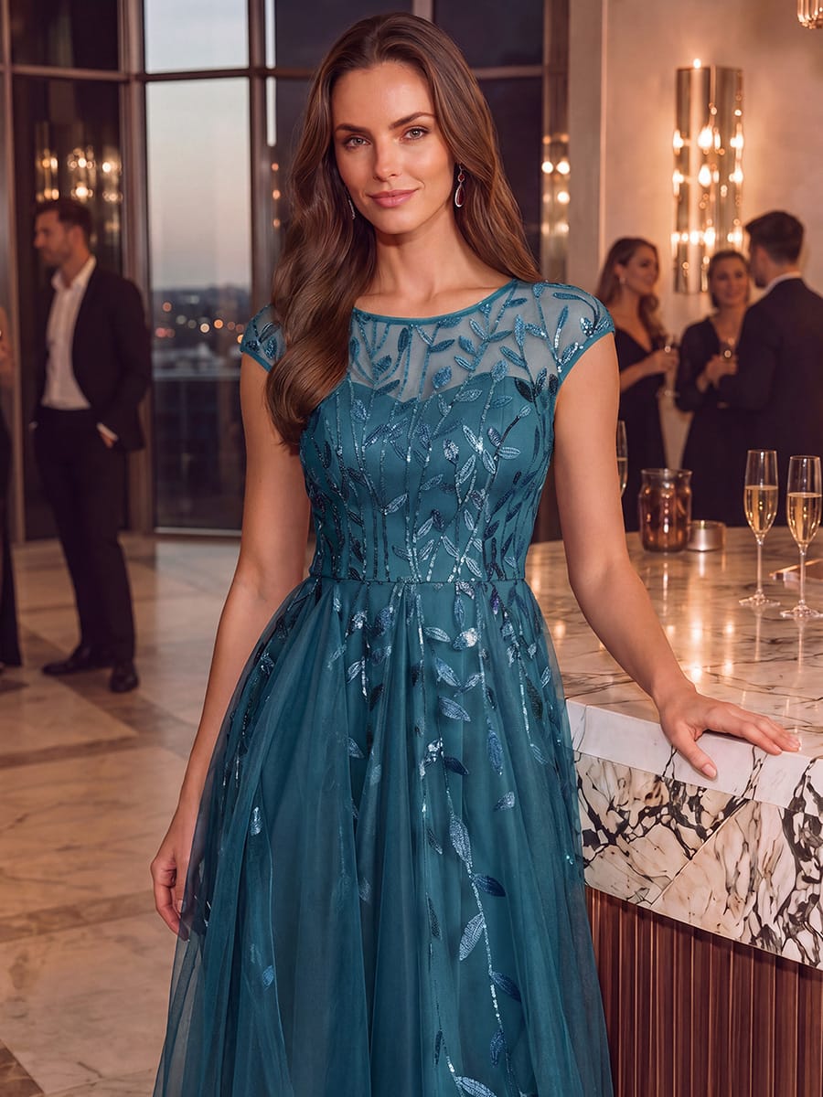 See-through Sequin Cap Sleeve Dress #color_Teal