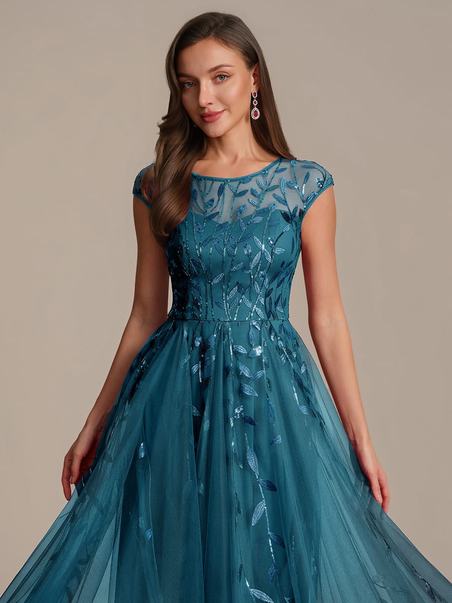See-through Sequin Cap Sleeve Dress #color_Teal