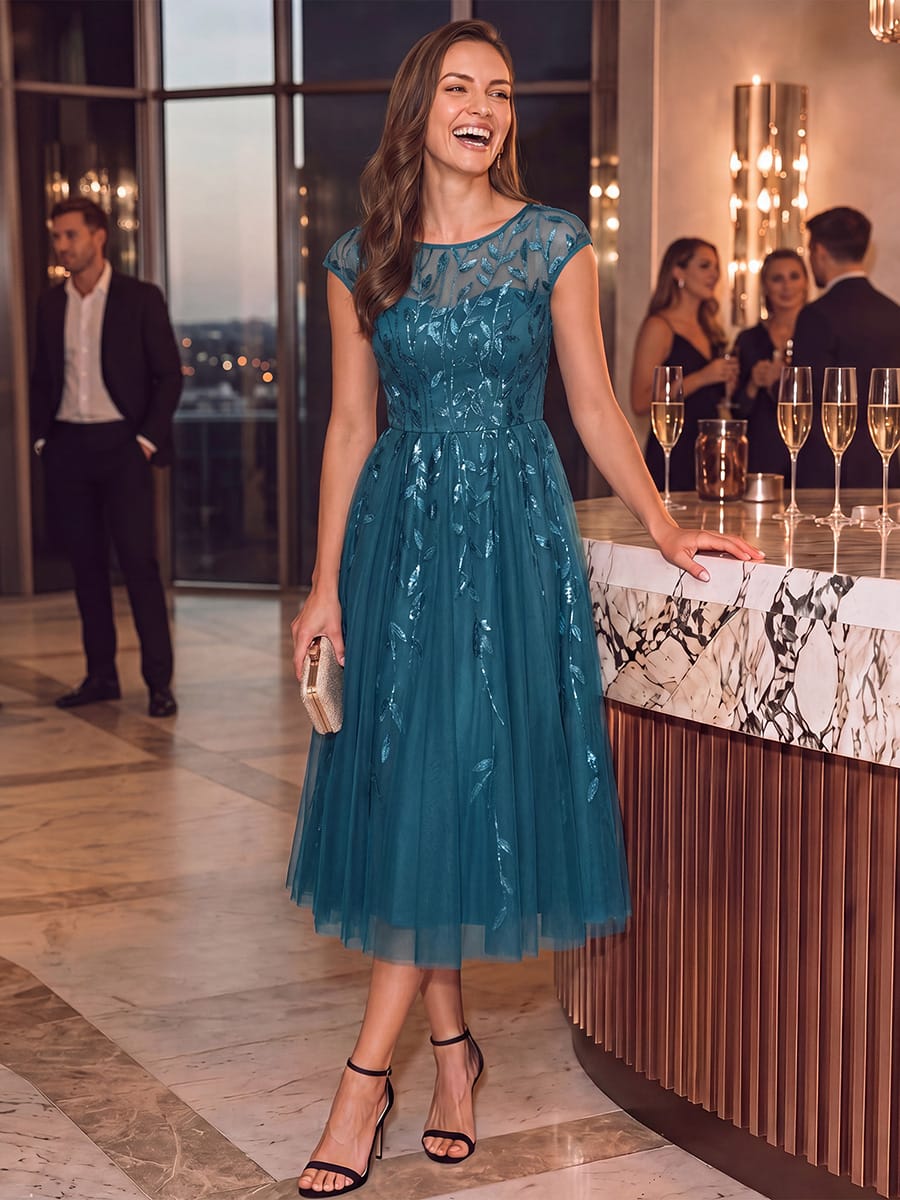 See-through Sequin Cap Sleeve Dress #color_Teal