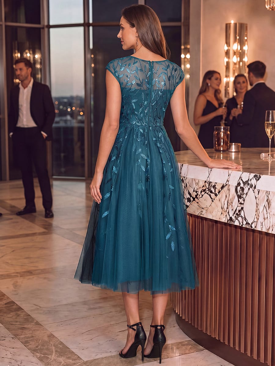 See-through Sequin Cap Sleeve Dress #color_Teal