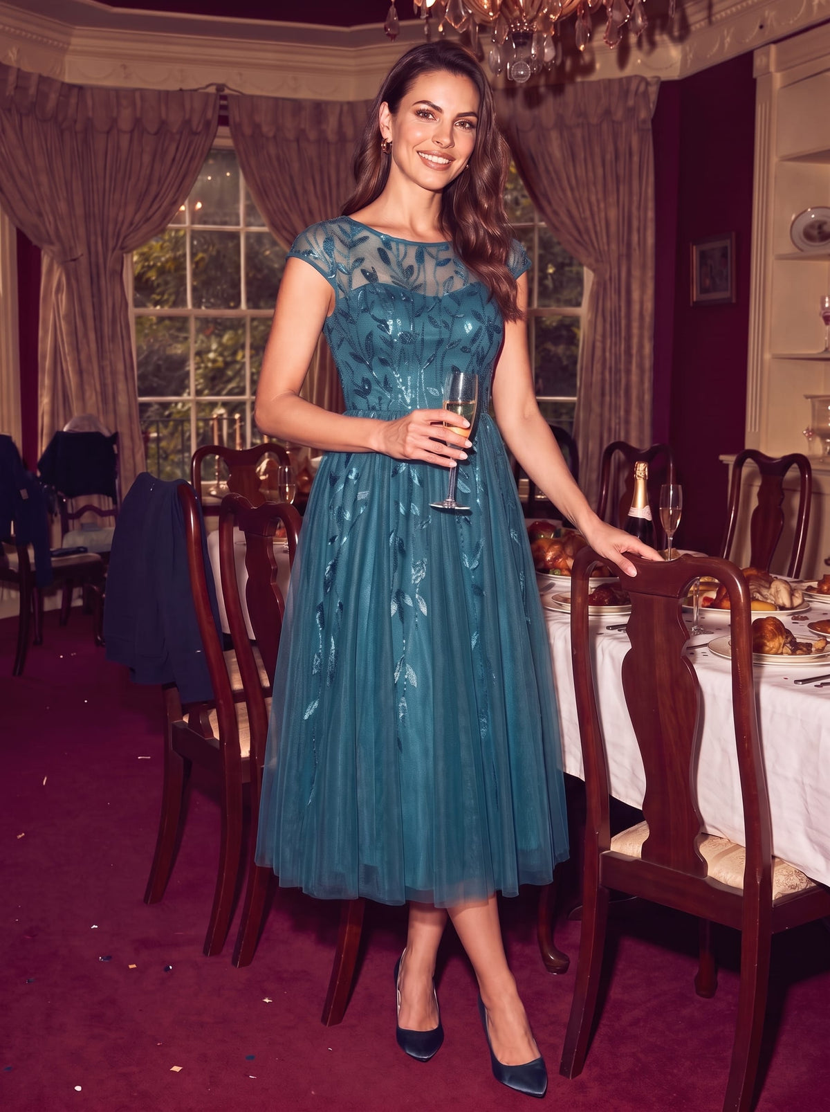 See-through Sequin Cap Sleeve Dress #color_Teal