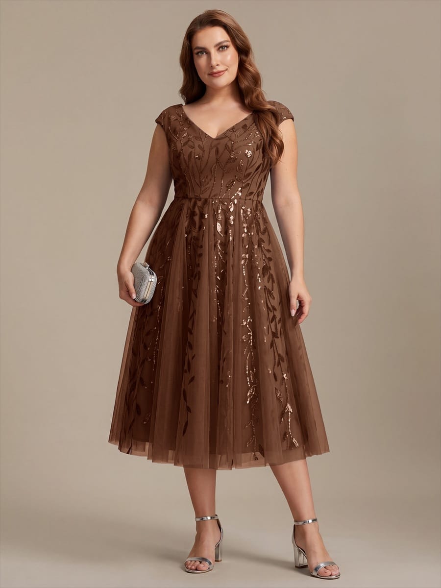 Sequin Sleeveless A-Line Dress #color_Brown