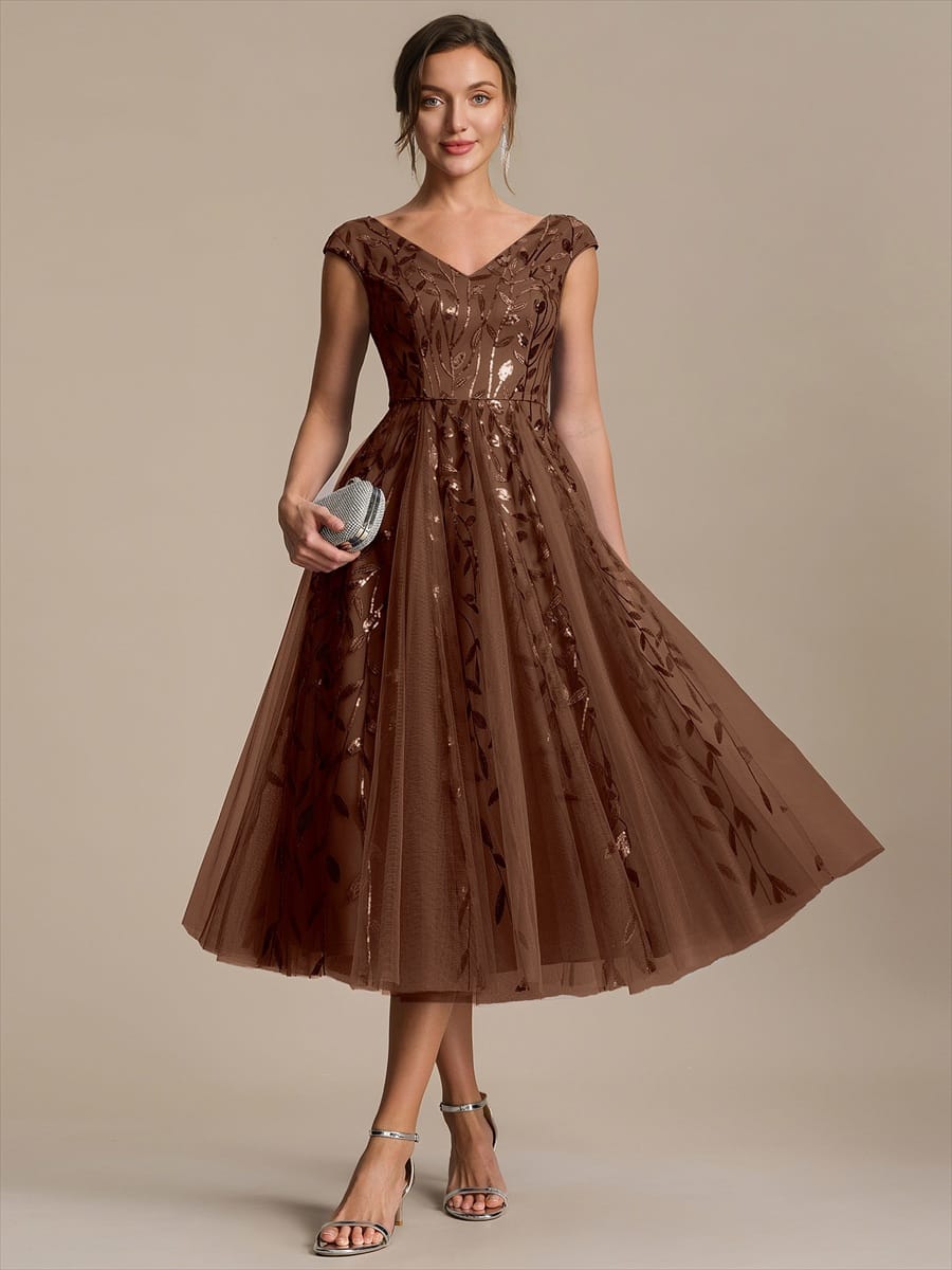 Sequin Sleeveless A-Line Dress #color_Brown