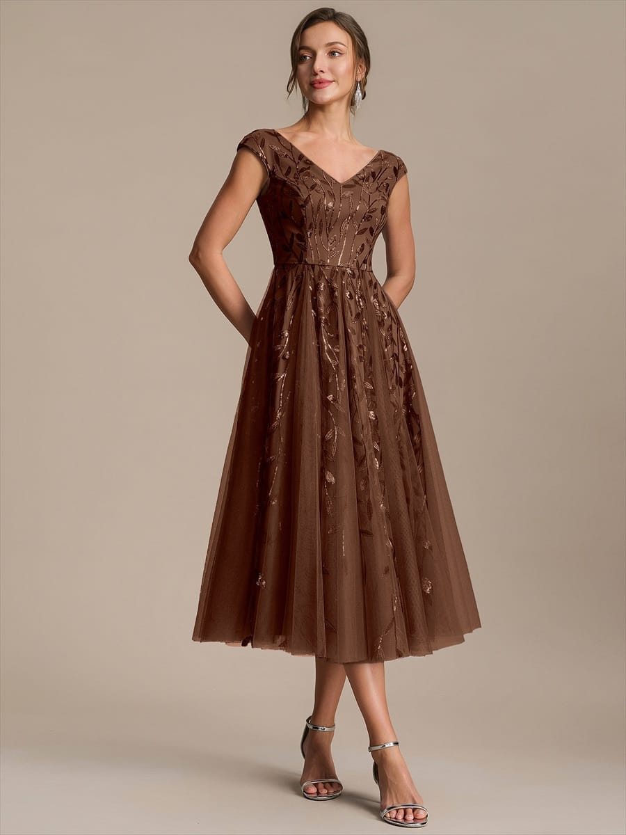 Sequin Sleeveless A-Line Dress #color_Brown