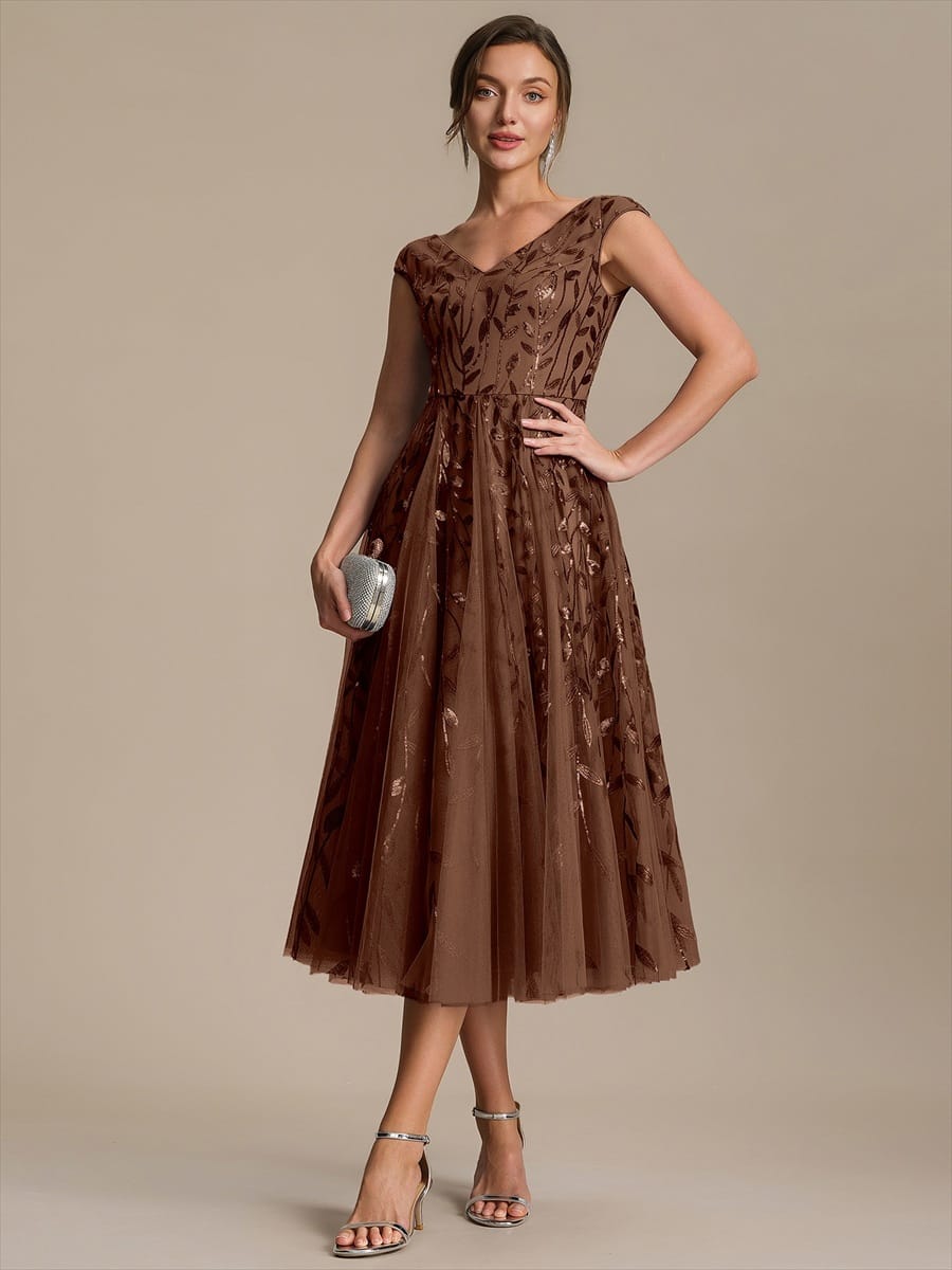 Sequin Sleeveless A-Line Dress #color_Brown