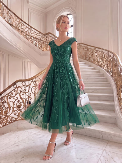 Sequin Cap Sleeve A-Line Dress