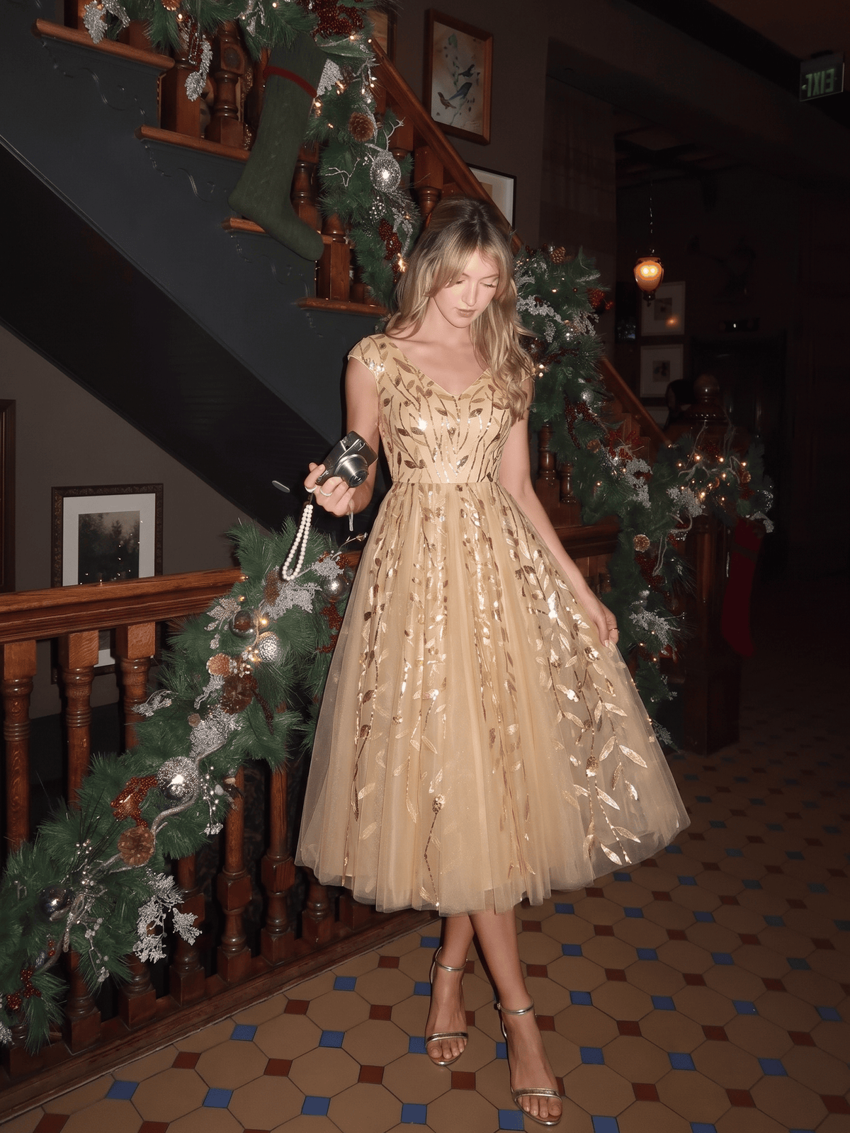 Sequin Sleeveless A-Line Dress #color_Gold