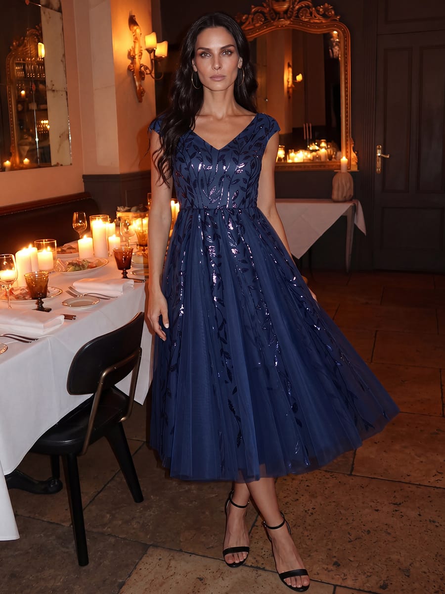Sequin Sleeveless A-Line Dress #color_Navy Blue