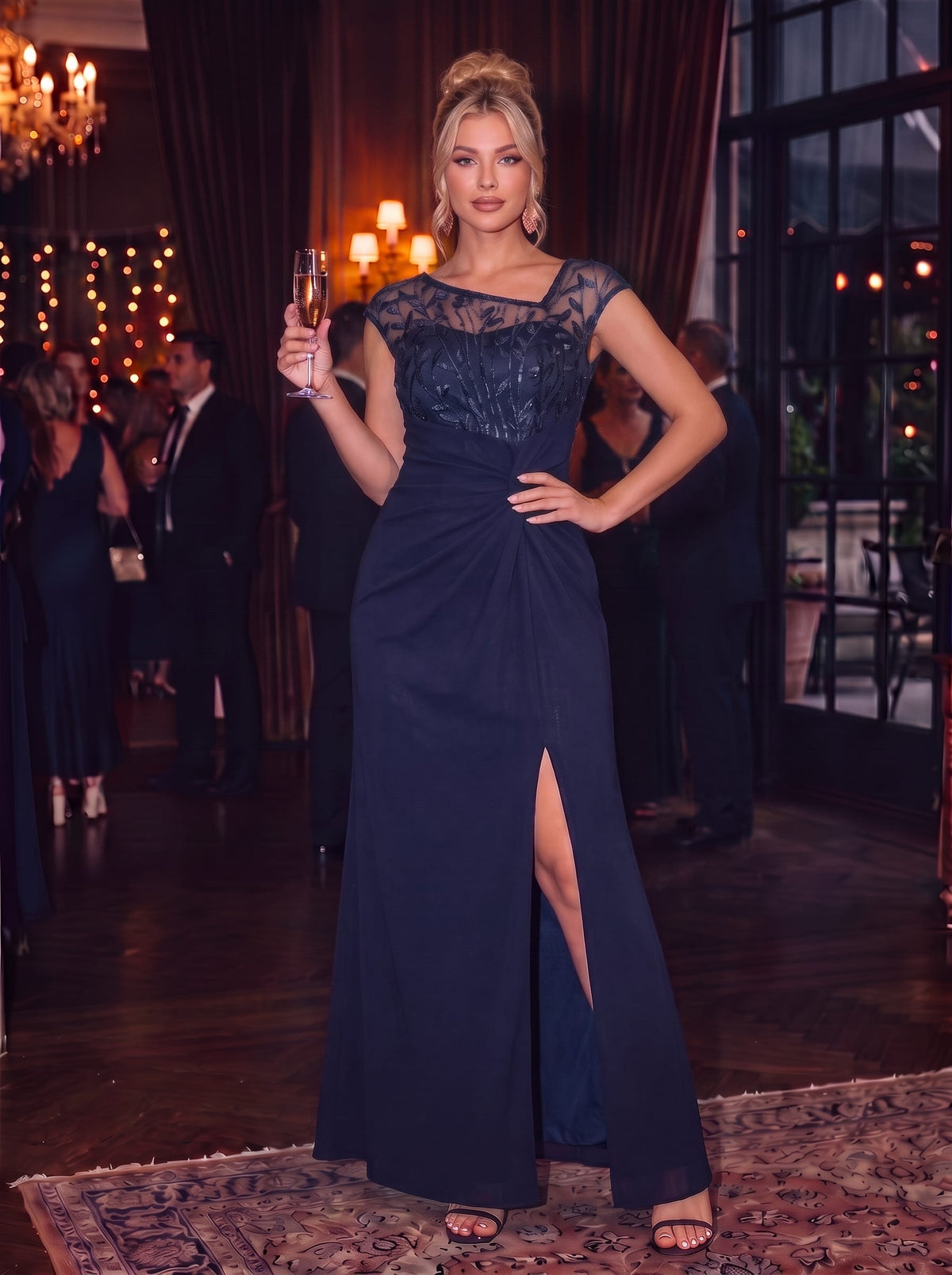 Knotted Crepe Cap Sleeve Dress #color_Navy Blue