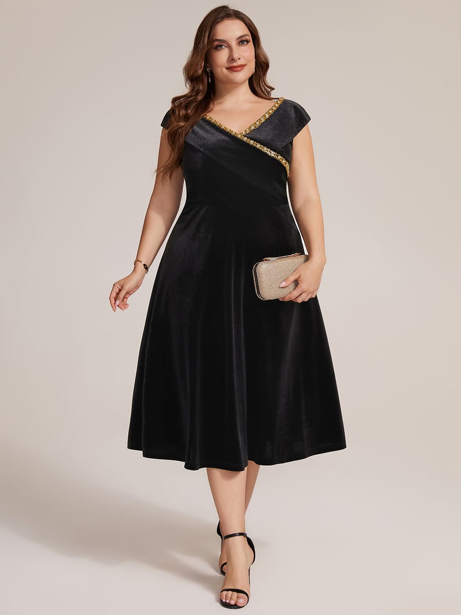 Velvet Midi Length V-neckline A-line Cap Sleeve Back zipper Wedding Guest Dresses #color_Black