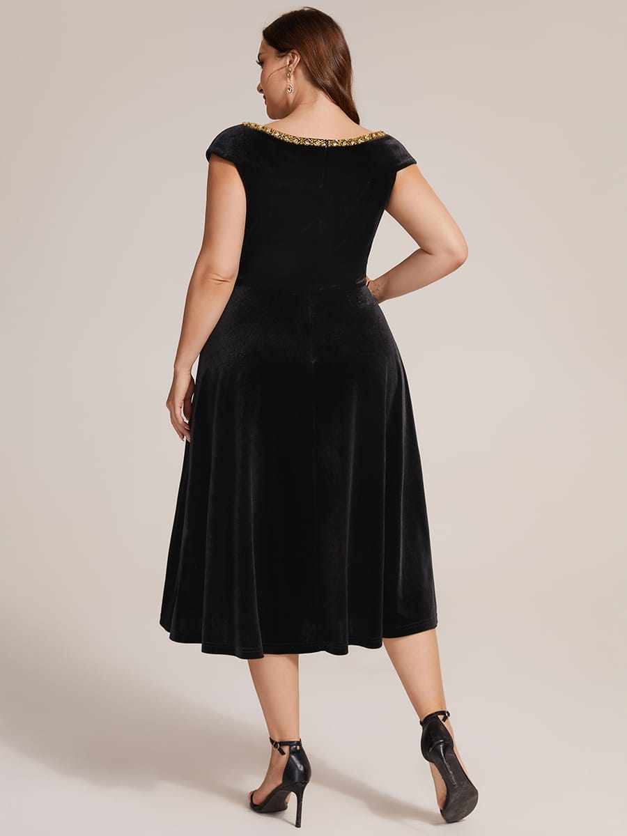 Velvet Midi Length V-neckline A-line Cap Sleeve Back zipper Wedding Guest Dresses #color_Black