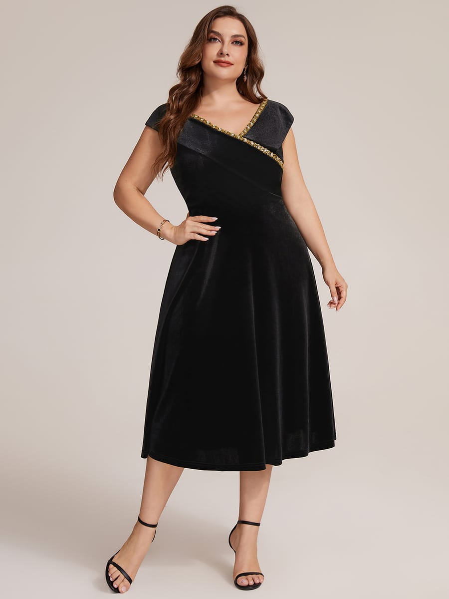 Velvet Midi Length V-neckline A-line Cap Sleeve Back zipper Wedding Guest Dresses #color_Black
