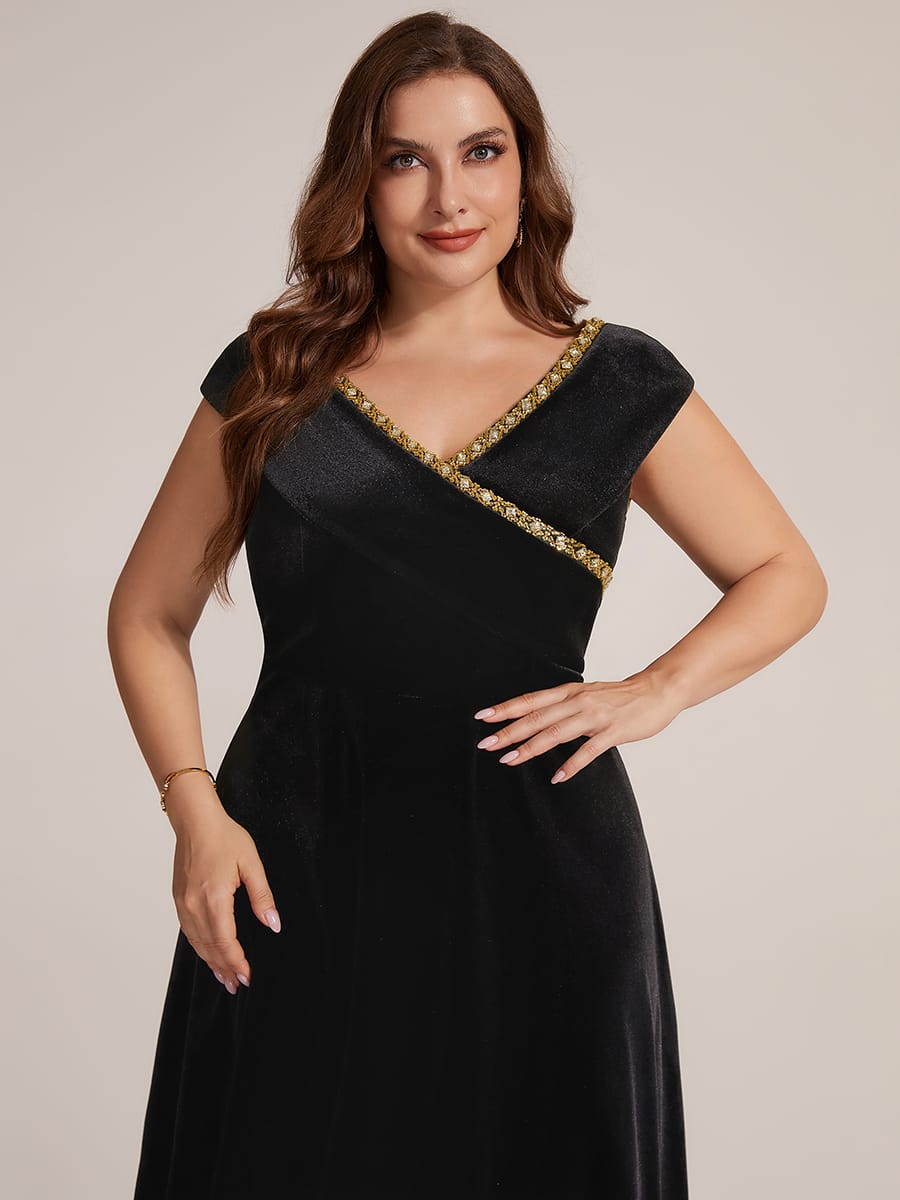 Velvet Midi Length V-neckline A-line Cap Sleeve Back zipper Wedding Guest Dresses #color_Black