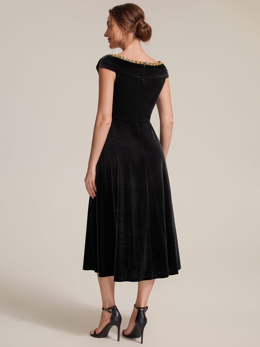 Velvet Midi Length V-neckline A-line Cap Sleeve Back zipper Wedding Guest Dresses #color_Black