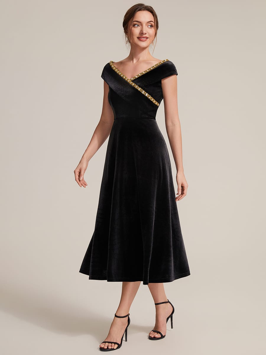 Velvet Midi Length V-neckline A-line Cap Sleeve Back zipper Wedding Guest Dresses #color_Black