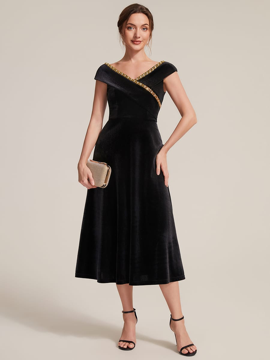 Velvet Midi Length V-neckline A-line Cap Sleeve Back zipper Wedding Guest Dresses #color_Black