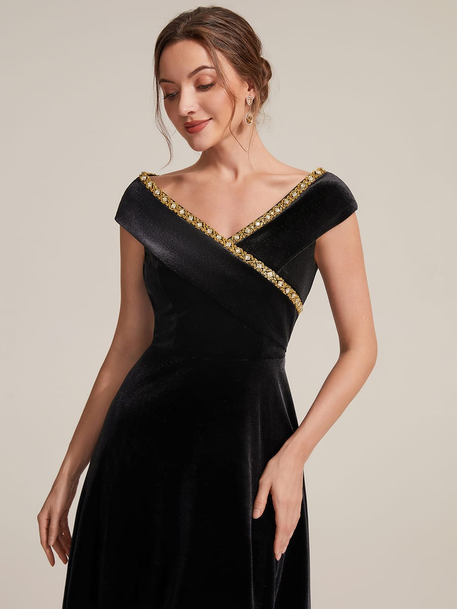 Velvet Midi Length V-neckline A-line Cap Sleeve Back zipper Wedding Guest Dresses #color_Black
