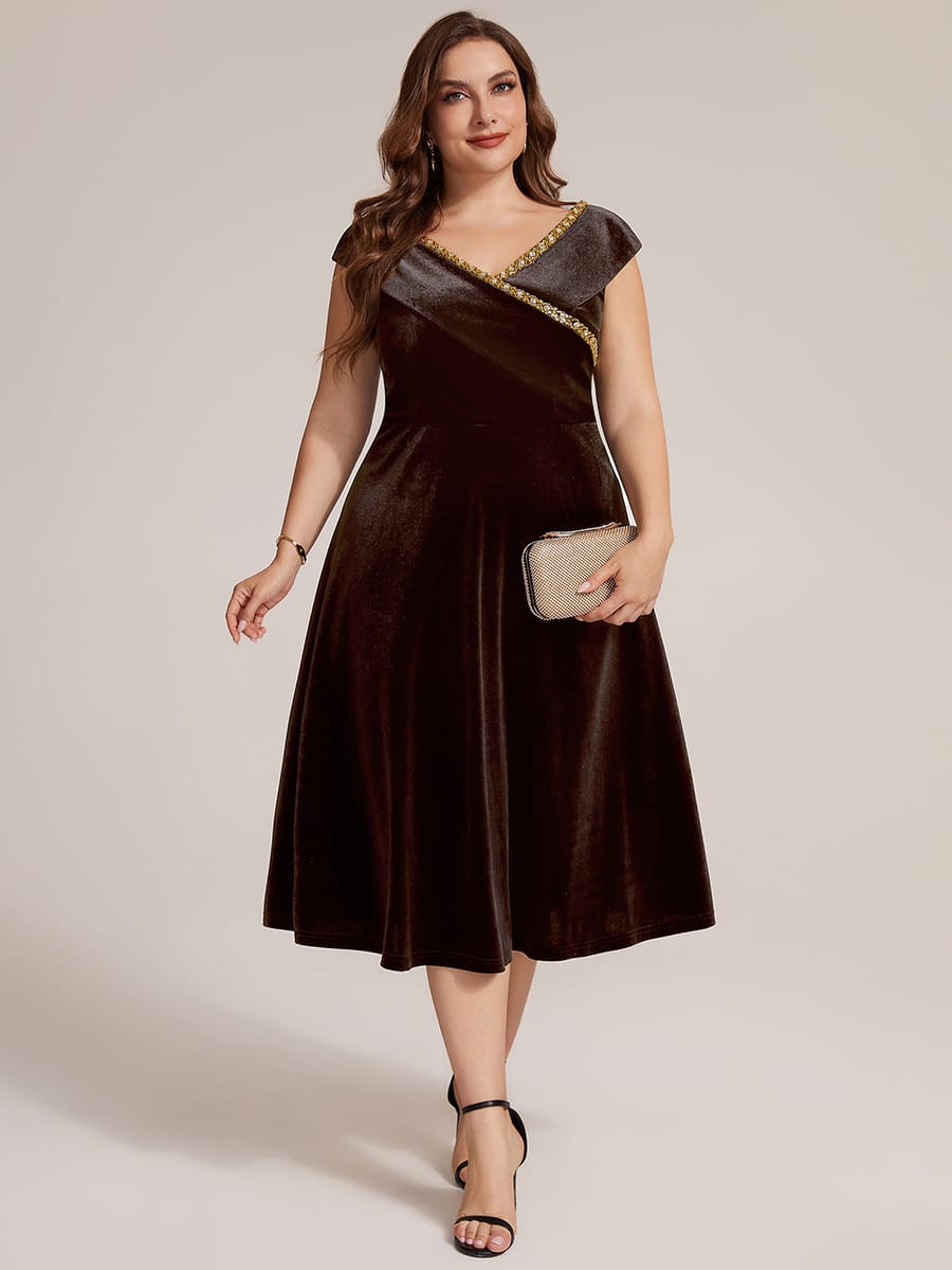 Velvet Midi Length V-neckline A-line Cap Sleeve Back zipper Wedding Guest Dresses #color_Brown
