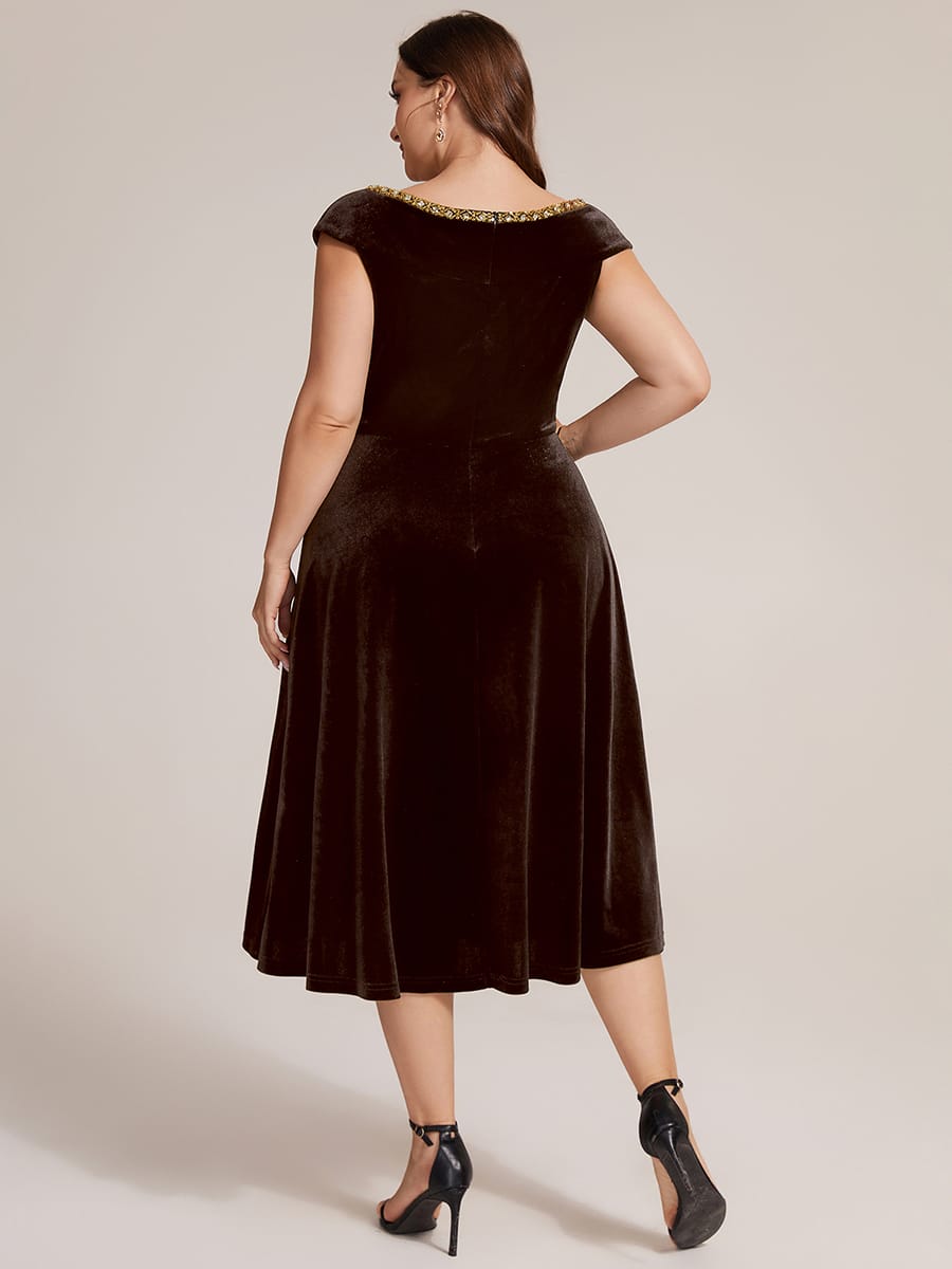 Velvet Midi Length V-neckline A-line Cap Sleeve Back zipper Wedding Guest Dresses #color_Brown