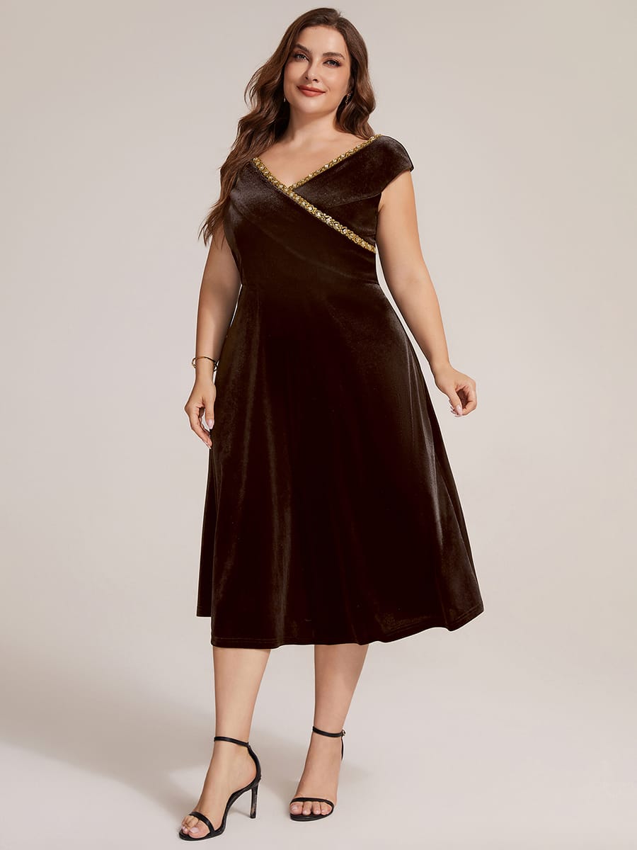 Velvet Midi Length V-neckline A-line Cap Sleeve Back zipper Wedding Guest Dresses #color_Brown