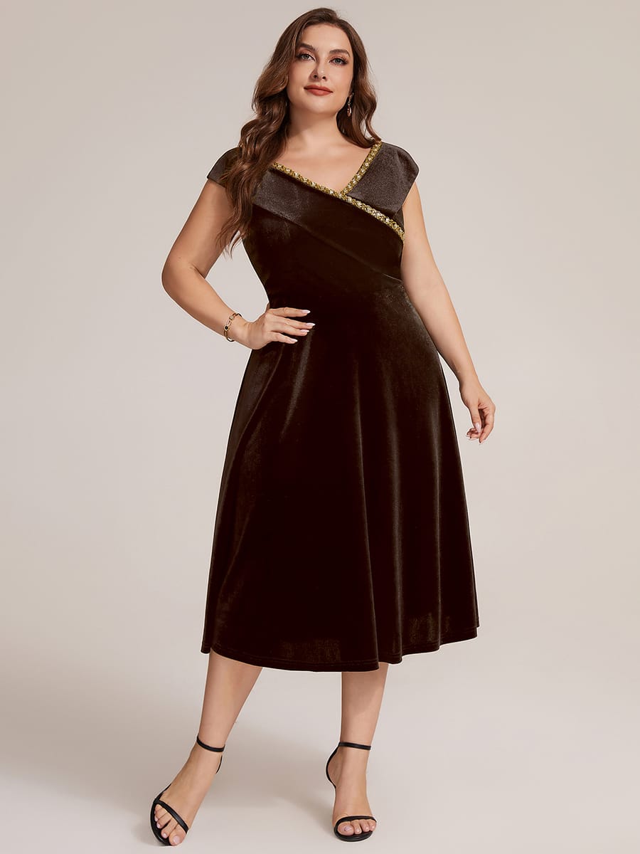 Velvet Midi Length V-neckline A-line Cap Sleeve Back zipper Wedding Guest Dresses #color_Brown